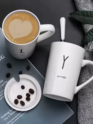 Creative personality cup Ceramic mug with lid spoon drinking water trend couple men and women household milk coffee teacup
