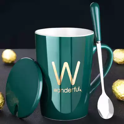 Creative personality ceramic mug with lid spoon drinking cup Trend couple men and women household milk coffee teacup