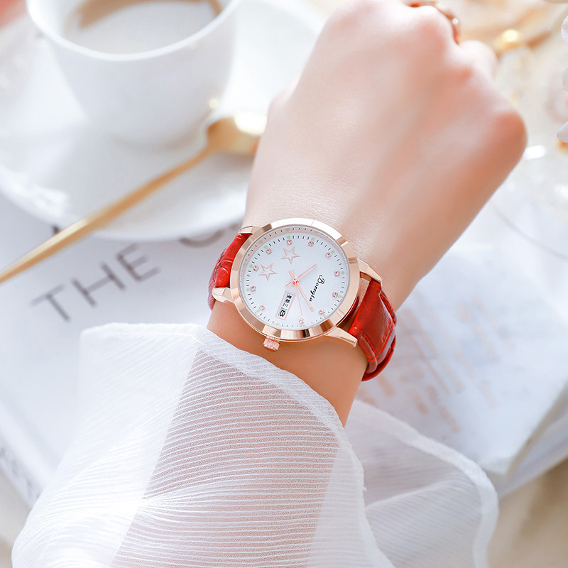 New Minimalist Watches Women's First High School High School Students Waterproof Calendar Korean Version Genuine Leather Drilling Face Luminous Quartz Machinery