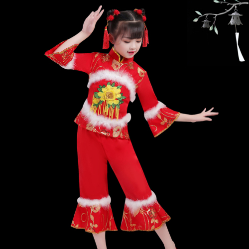 Chinese dragon drummer performance costumes for boy girls New year Day children Yangko performance costumes for children start to the new year Day