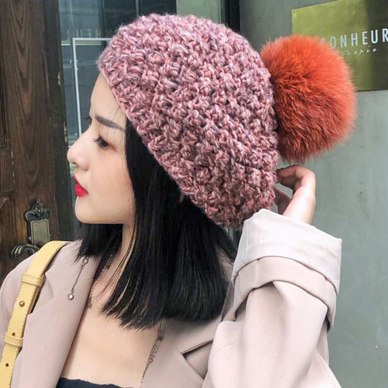 Wool hat female ins autumn and winter fox fur ball hat trendy fashion handmade hat Korean version Japanese all-match beret