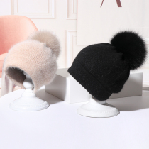 Korean fox hair ball hat womens winter ear warm knitted hat simple and versatile Korean version of rabbit hair line hat tide