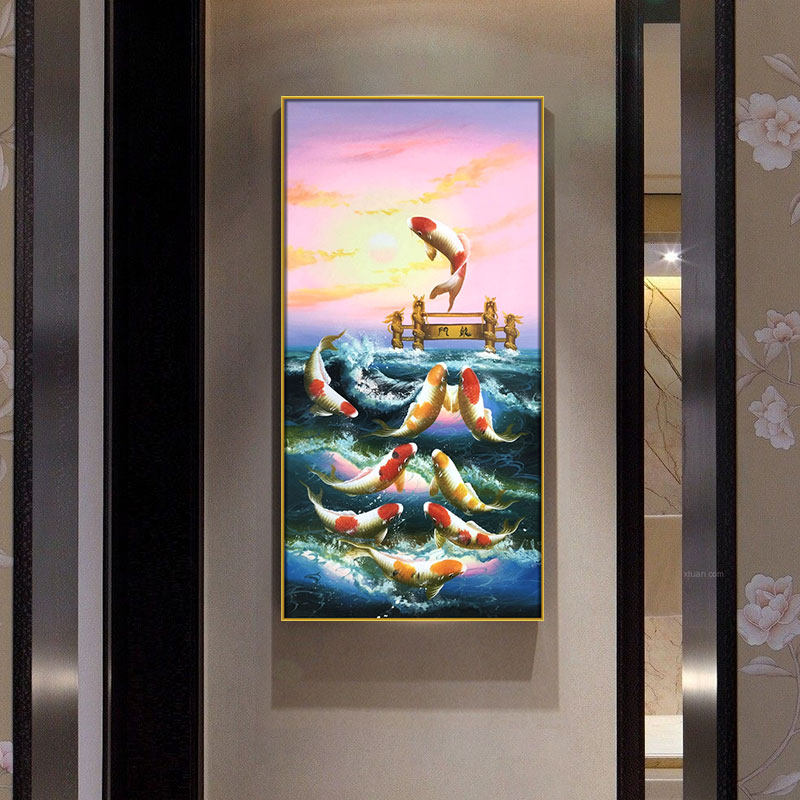 Nine carp tumulus hand-painted oil painting corridor aisle hanging painting into the family Xuanguan decoration painting Nordic style fish leaping gantry painting