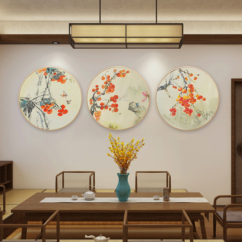 New Chinese round hanging painting hand-painted oil painting drawing room decoration painting Xuanguan gangway sofa background wall hanging painted persimmon murals