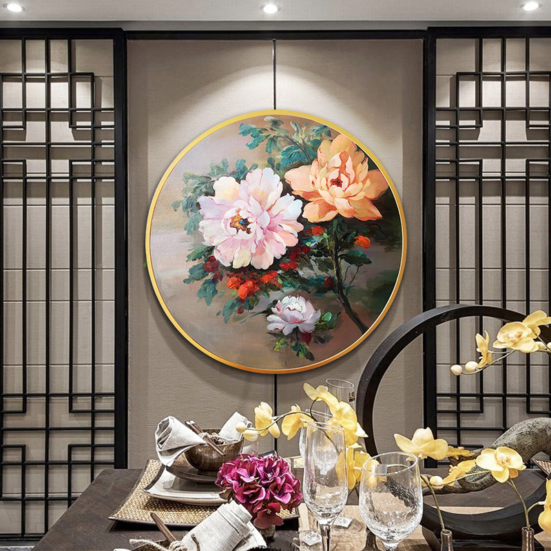 Hand-painted Oil Painting Dining Hall New Chinese Style Decoration Painting Round Peony Flowers Open Rich Living Room Background Mural Painting Xuanguan Hanging Paintings