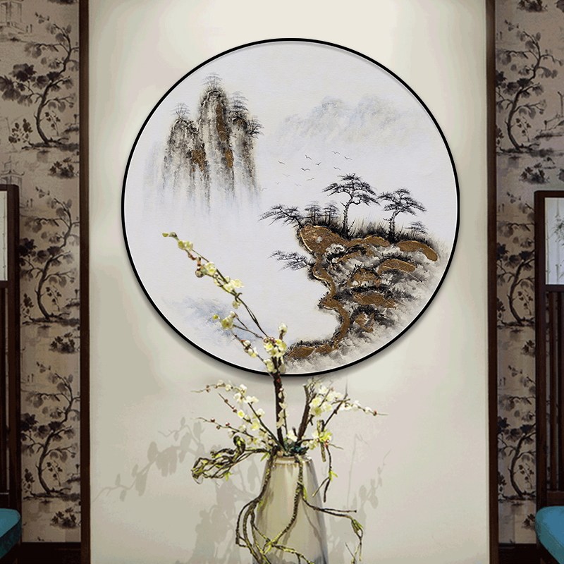 Hand-painted oil painting Chinese style Zen landscape painting porch decorative painting study living room hanging painting simple solid wood round mural