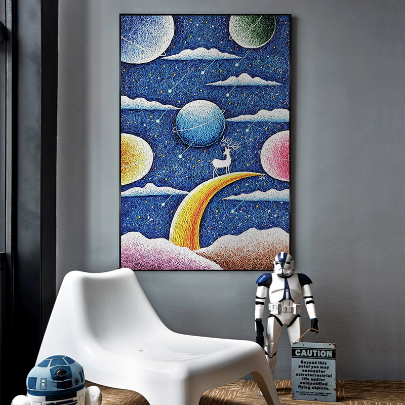 Hand Painted Oil Painting Moon Planet Cartoon Children's House Decoration Painting Vertical version of the Genguan Mural Dining Hall Aisle Aisle Fresco