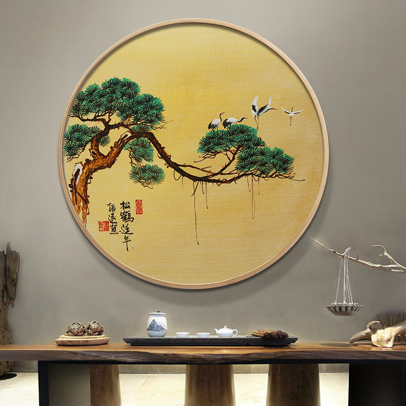 Hand painting new Chinese decoration painting solid wood round hanging painting greeting Songxuan corridor mural painting