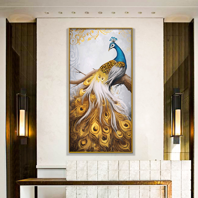 Hand-painted Oil Painting American Genguan Hung Painting New Chinese Corridor Aisle Decor Hotel Villa with large solid peacock