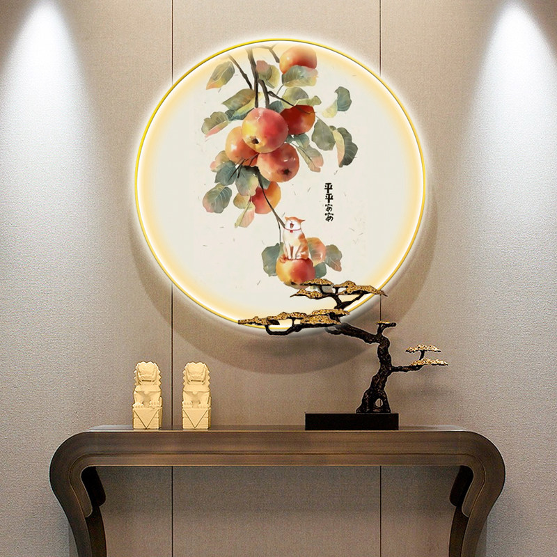 Hand-painted oil painting circular decorative painting new Chinese-style hanging painting into the home entrance hallway dining room mural LED light painting apple