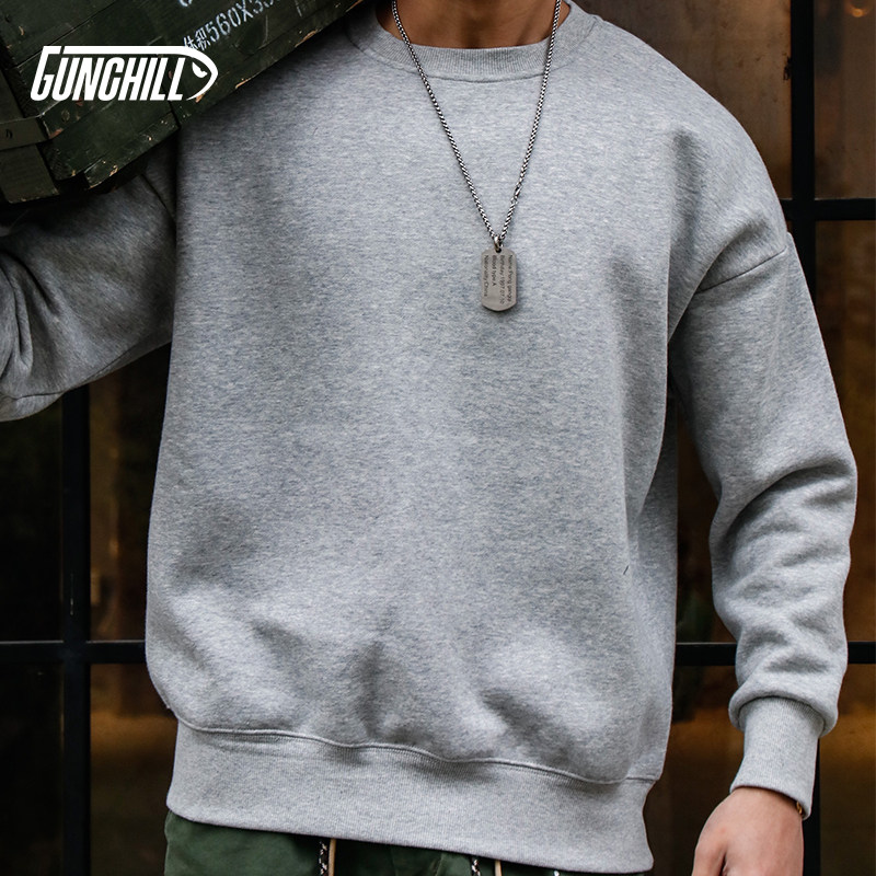 GUNCHILL military style autumn and winter couple street oversized round neck plus velvet solid color all-match loose sweater