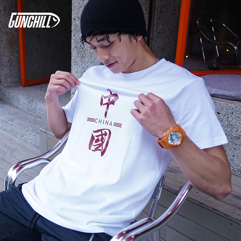 GUNCHILL summer national tide top Xinjiang cotton print black and white short-sleeved tooling popular all-match round neck T-shirt