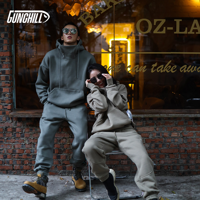 GUNCHILL2021 Spring Warm New Couple Retro Solid Color Plus Velvet Stand Collar Off Shoulder Hooded Sweater Set
