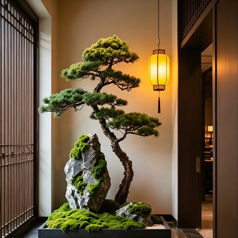 New Chinese-Style Artificial Welcoming Pine Tree for Indoor Stairway Landscaping, Plant Landscape, Entrance Display Window Decoration, Green Plant, Fake Tree