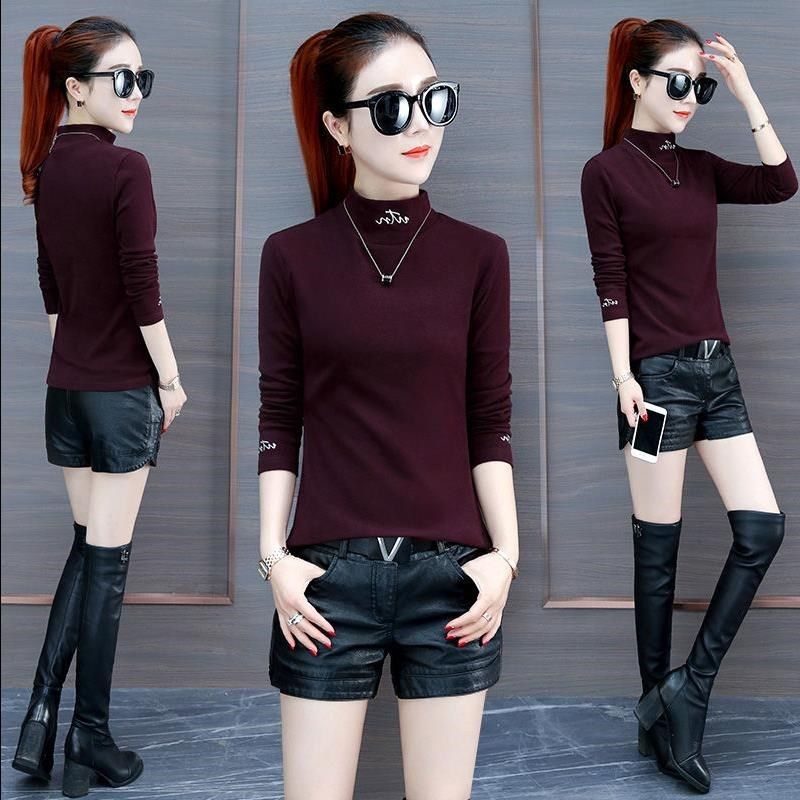 95% cotton blouses with velvety thickened half-height collar Regular woman in winter warm clothes woman long sleeve T-shirt slapped bottom shirt-Taobao