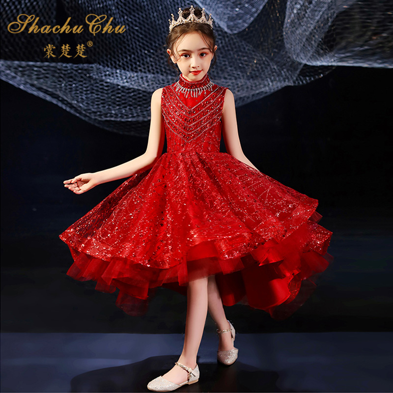 Children's red high-end model catwalk evening dress princess skirt girl little host girl piano performance costume