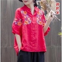 Ethnic style embroidery loose large size womens cotton and linen mid-sleeve T-shirt 2019 new top female