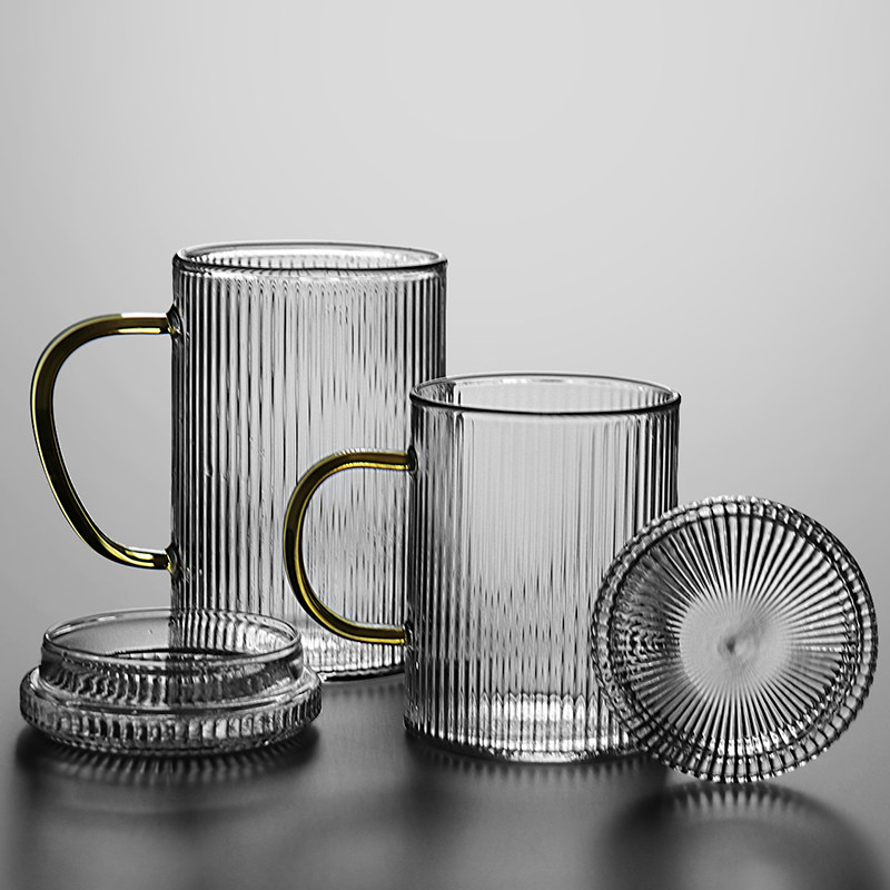 Nine Thunder Home Big Heat Resistant Glass Cup With Lid Creative Plum Striped Water Cup with Mark Cup Flower Tea Cup