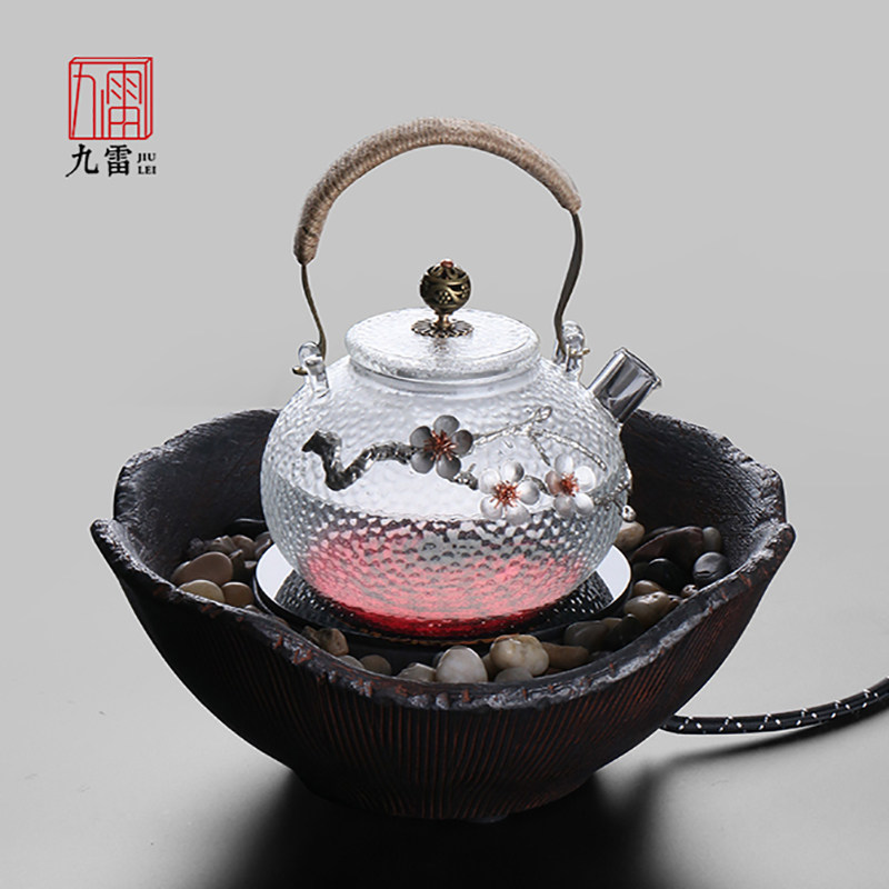 Japanese-style plum hammer pattern heat-resistant glass pot beam pot flower teapot retro black crystal furnace special teapot kettle