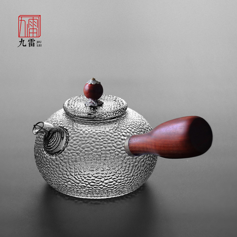 Jiu Lei thickened hammer pattern glass teapot solid wood side handle teapot high temperature transparent flower teapot household tea set