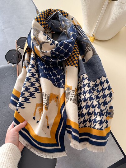 Scarf Women's 2024 New Stitched Horse Houndstooth Versatile Thickened Autumn and Winter Scarf Shawl Reversible