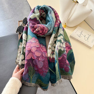 Hydrangea Versatile Retro Thick Scarf, Artistic Double-Sided Faux Cashmere Dual-Use Shawl, Summer Air-Conditioned Room Cape for Women