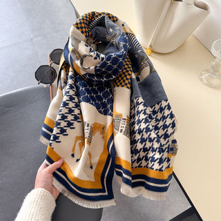 Women's Scarf 2024 New Style Patchwork Horse Houndstooth Versatile Thickened Autumn and Winter Neck Scarf Shawl Double-Sided Use
