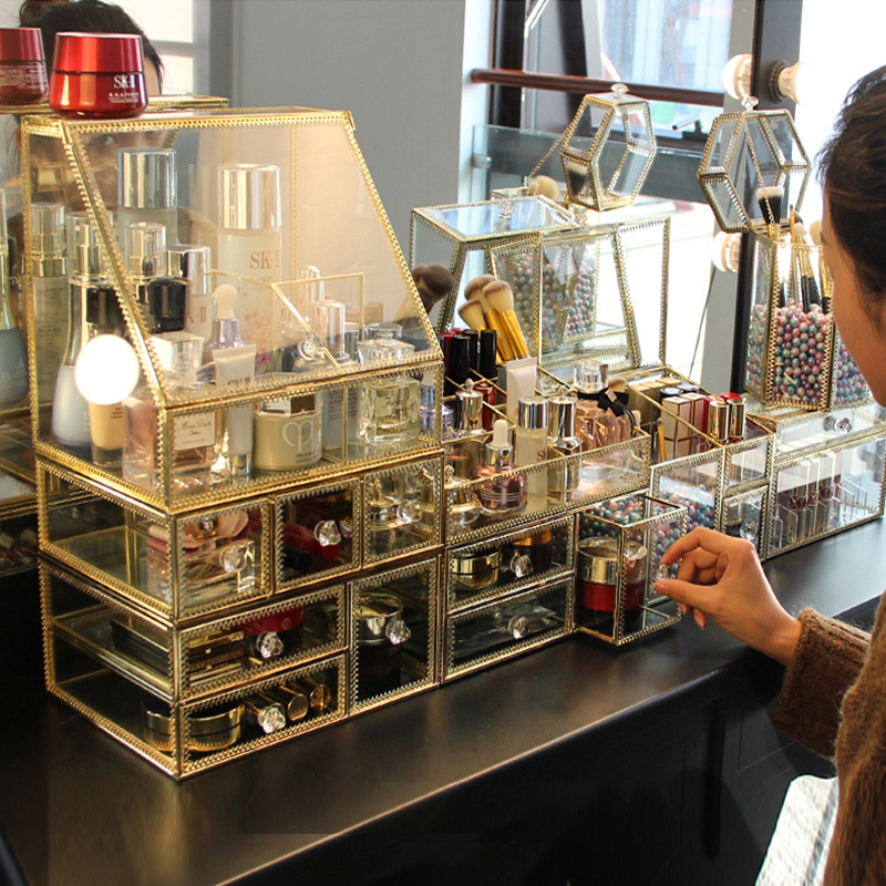 Nordic ins simple Net red glass cosmetics storage box dustproof household desktop transparent skin care rack