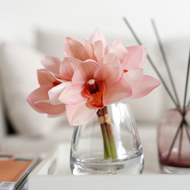Gardenia home French cymbidium simulation flower ornaments fake flower decorative flowers Glass vase transparent living room flower arrangement