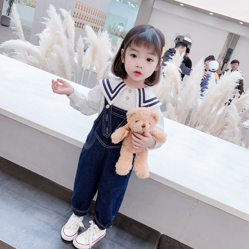 Girls denim straps pants Spring and Autumn wear Korean version of tide girl baby Foreign style children pants children loose spring clothes
