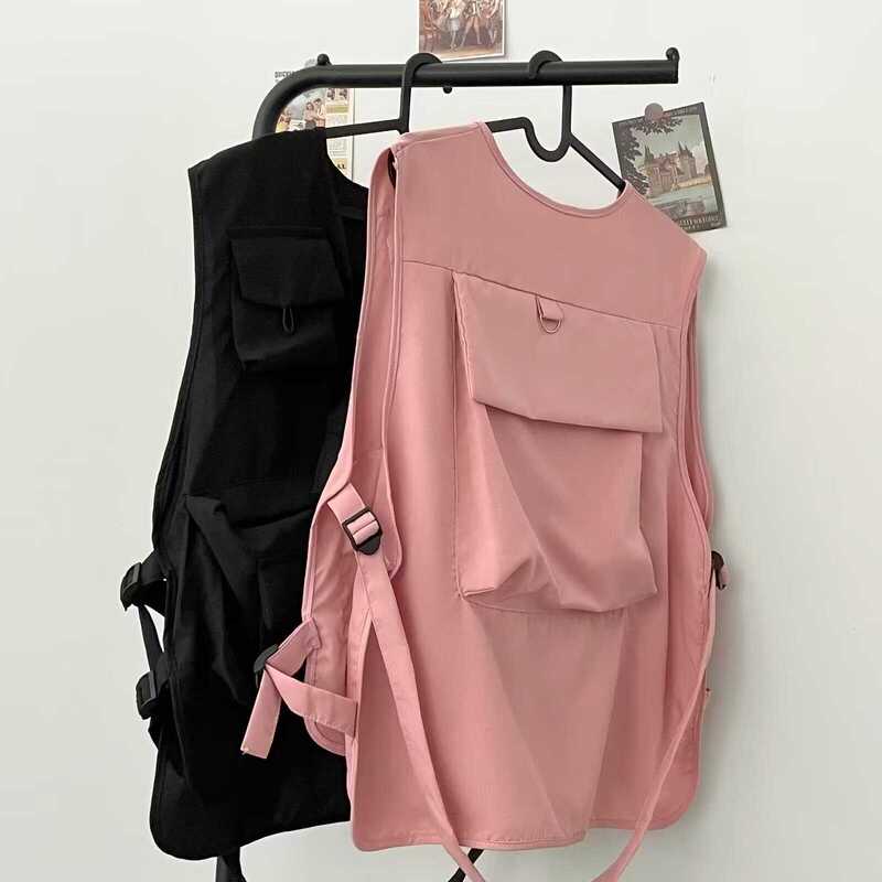 Japanese-Style Functional Work Vest for Men, Summer Trendy Brand Thin Jacket, Pink Sleeveless Vest Jacket
