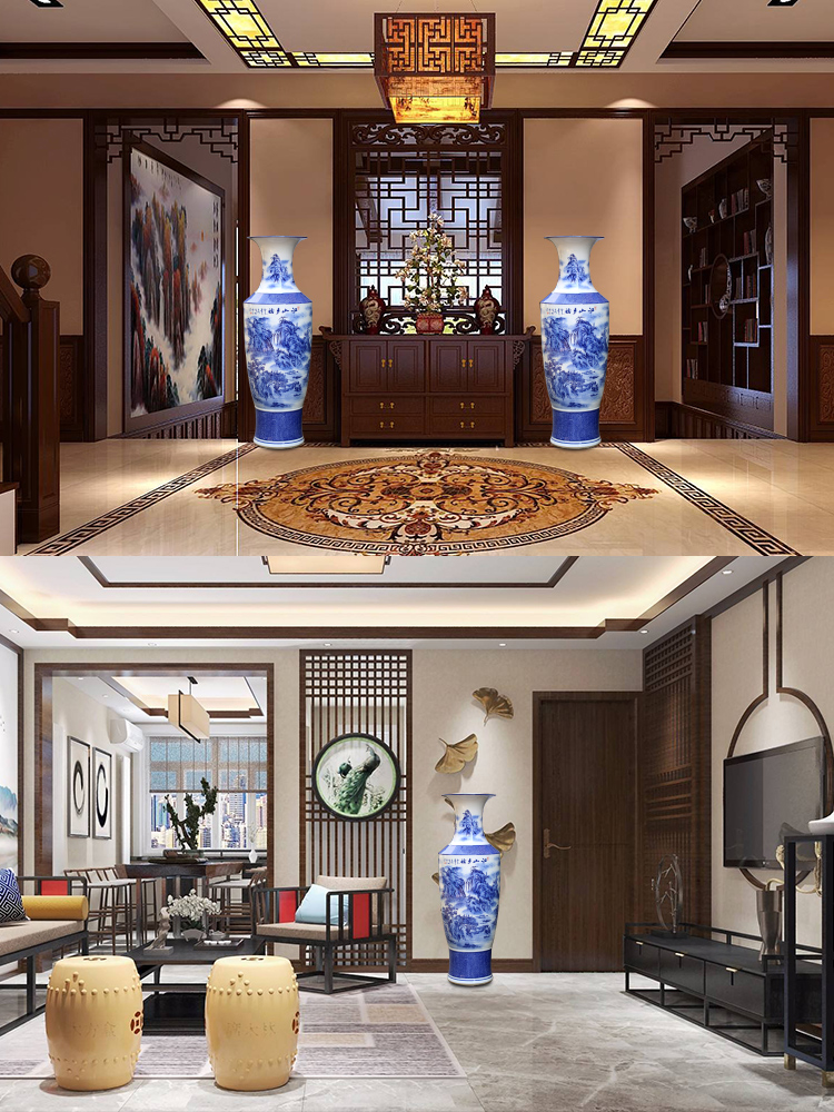 Jingdezhen ceramics large ground blue and white porcelain vase landscape furnishing articles of the new Chinese style hotel sitting room adornment flower arrangement