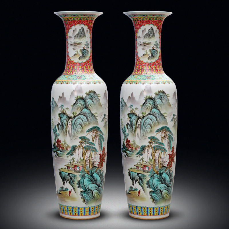 Jingdezhen ceramic ware floor large vase hand painted pink with ancient landscape porcelain bottle living-room adornment swing piece-Taobao