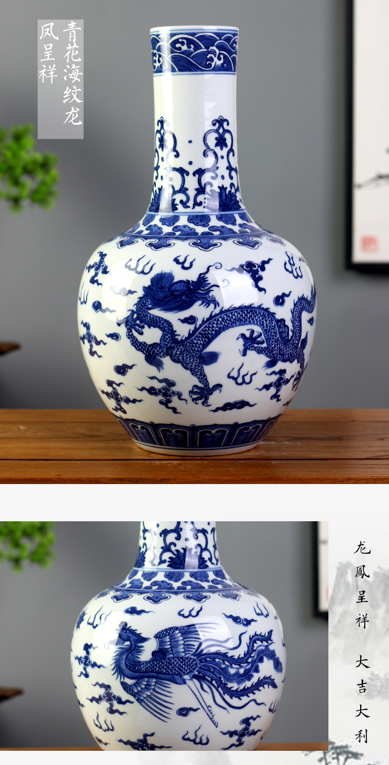 Jingdezhen blue and white porcelain hand - made mesa of dragons and phoenixes vase home sitting room place office holiday gifts