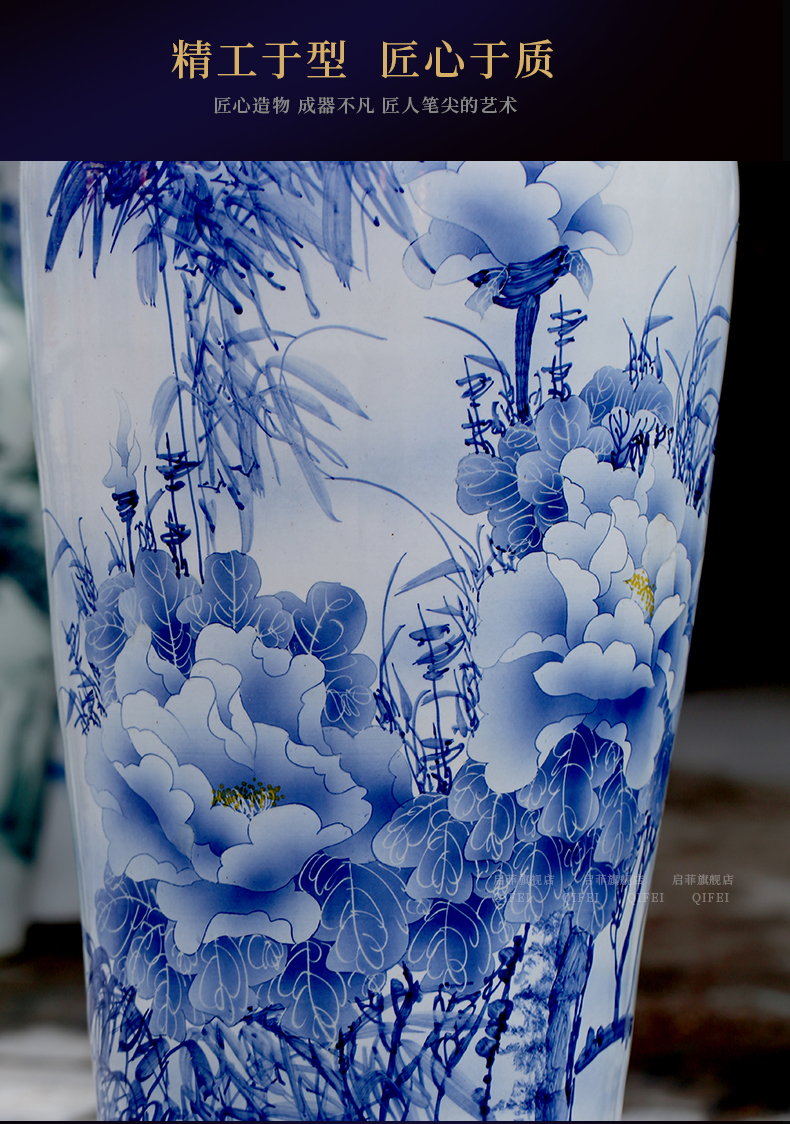 Jingdezhen blue and white ceramics hand - made peony landing big vase home sitting room adornment hotel furnishing articles