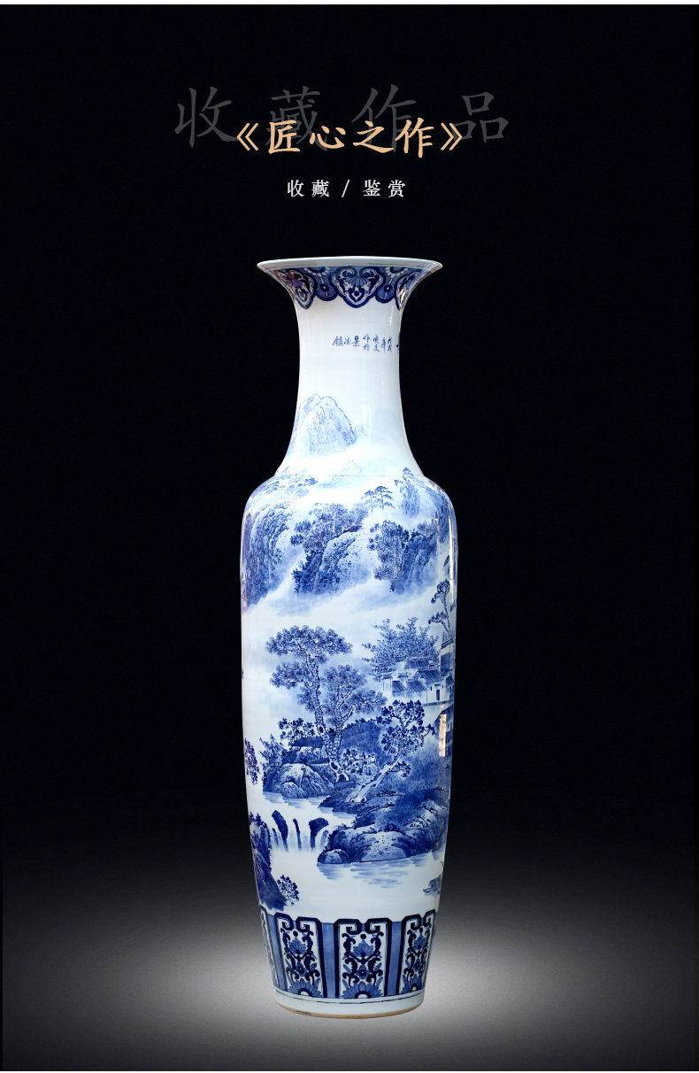 Jingdezhen ceramic floor big hand blue and white porcelain vase furnishing articles sitting room large landscape painting porcelain hotel decoration