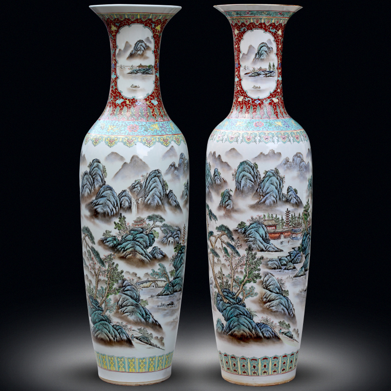 Jingdezhen ceramics antique hand - made landscape painting landing big vases, new Chinese style living room decorations furnishing articles