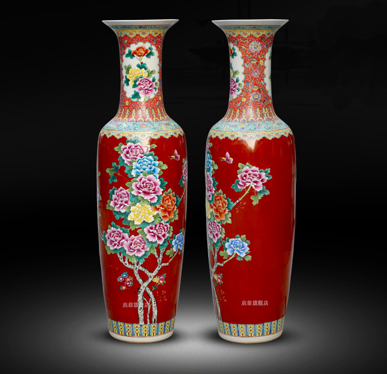 Jingdezhen ceramics China red enamel vase peony landing big home sitting room adornment hotel furnishing articles