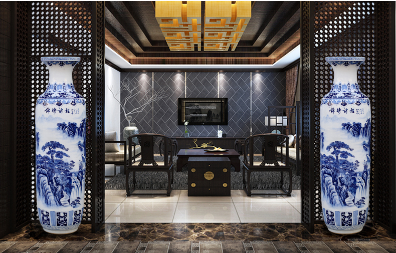 Blue and white porcelain of jingdezhen ceramics hand - made landscape painting of large vases, sitting room adornment hotel furnishing articles