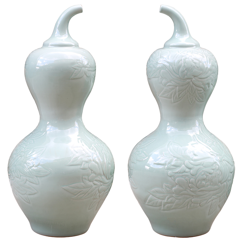 Jingdezhen single carving glaze peony sitting room of large vase household contracted furnishing articles can be gifts