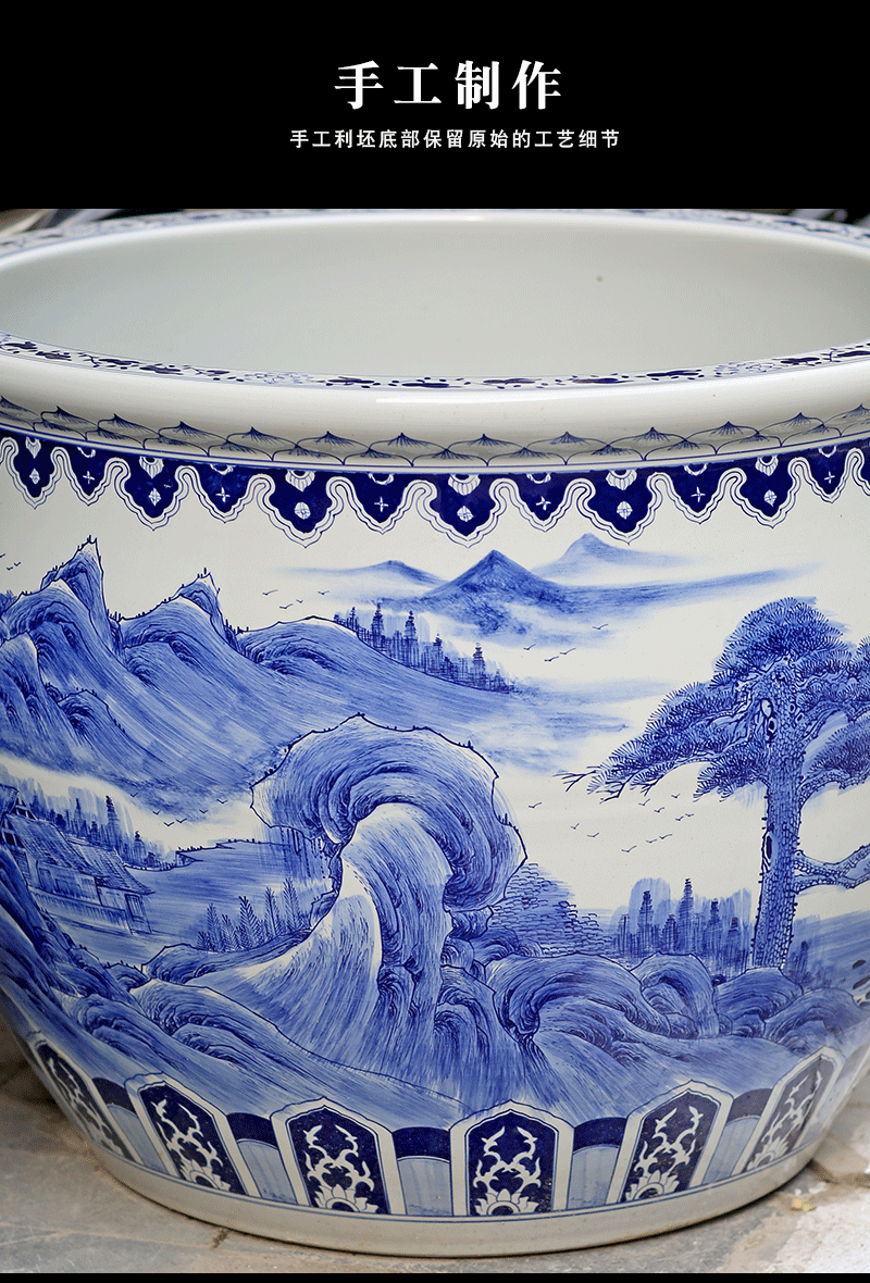 Jingdezhen blue and white porcelain basin of hand - made of long - standing ceramic tank cylinder tortoise mountain true water lily receive calligraphy and painting