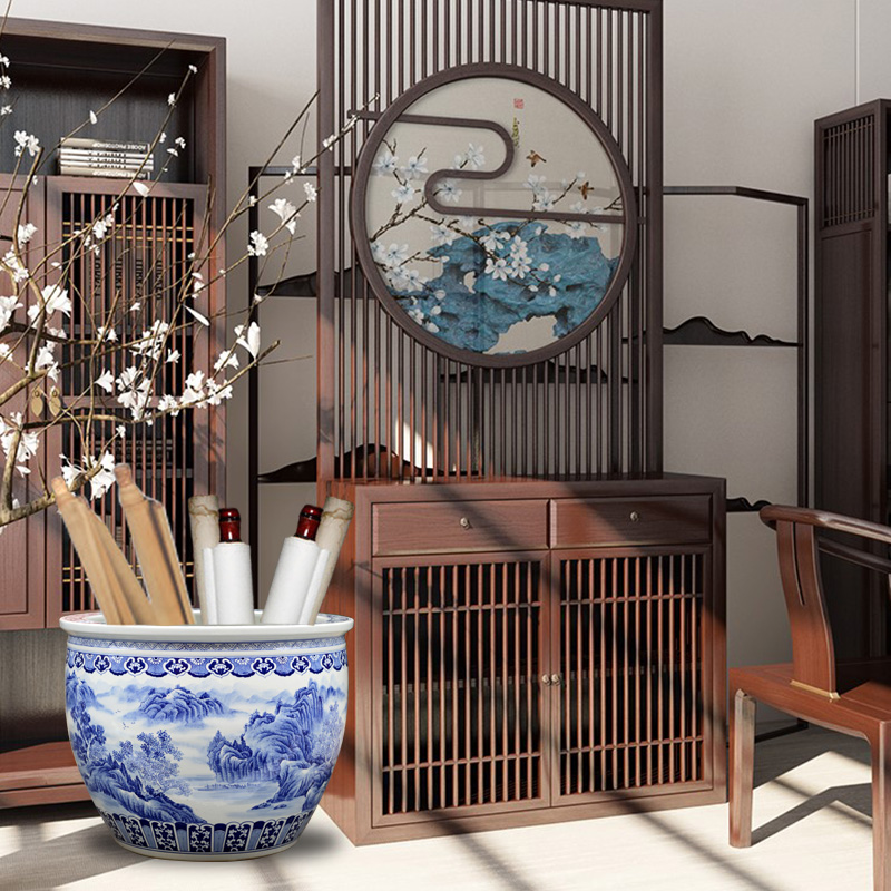 Jingdezhen blue and white porcelain has a long history in the hand - made landscape painting ceramic aquarium courtyard sitting room floor furnishing articles the tortoise cylinder