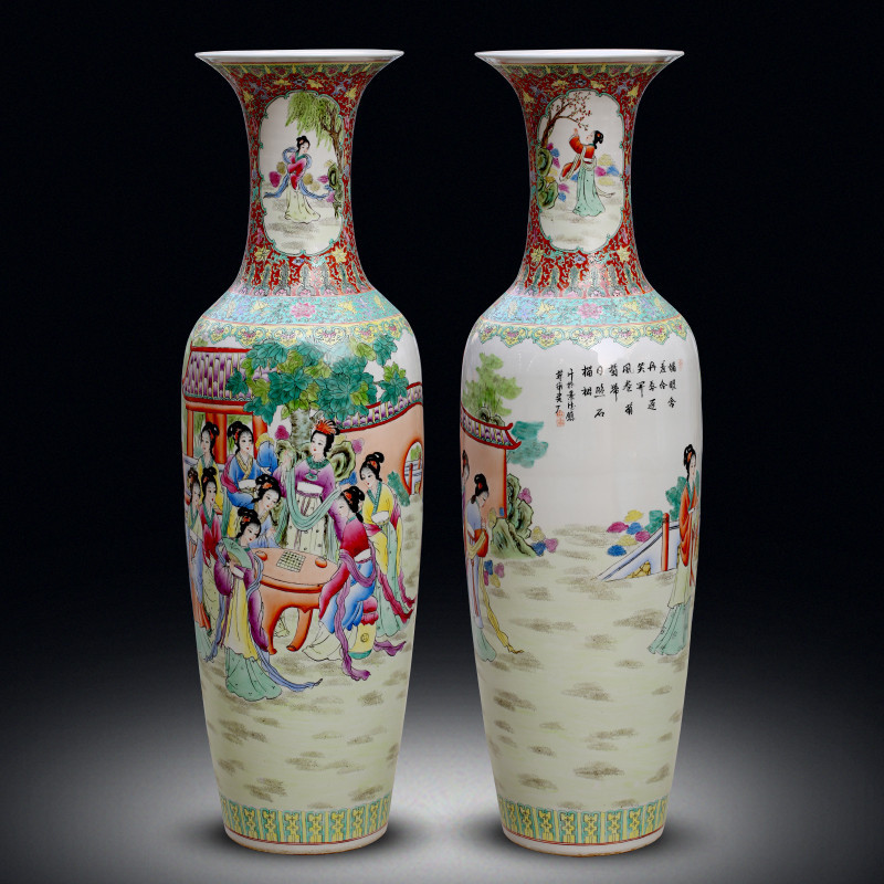 Jingdezhen ceramic ware floor large vase hand painted pink gold mausoleum twelve hairpin Chinese living room adornment big swing piece-Taobao