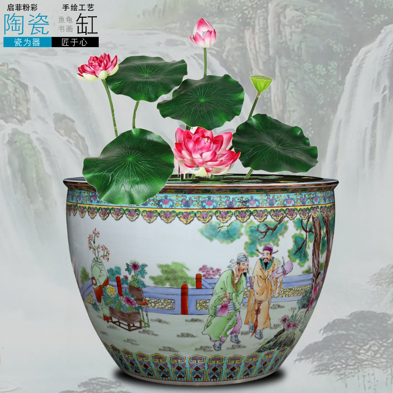 Jingdezhen ceramic aquarium water lily bowl lotus tortoise cylinder painting and calligraphy calligraphy and painting scroll cylinder tank large lotus basin