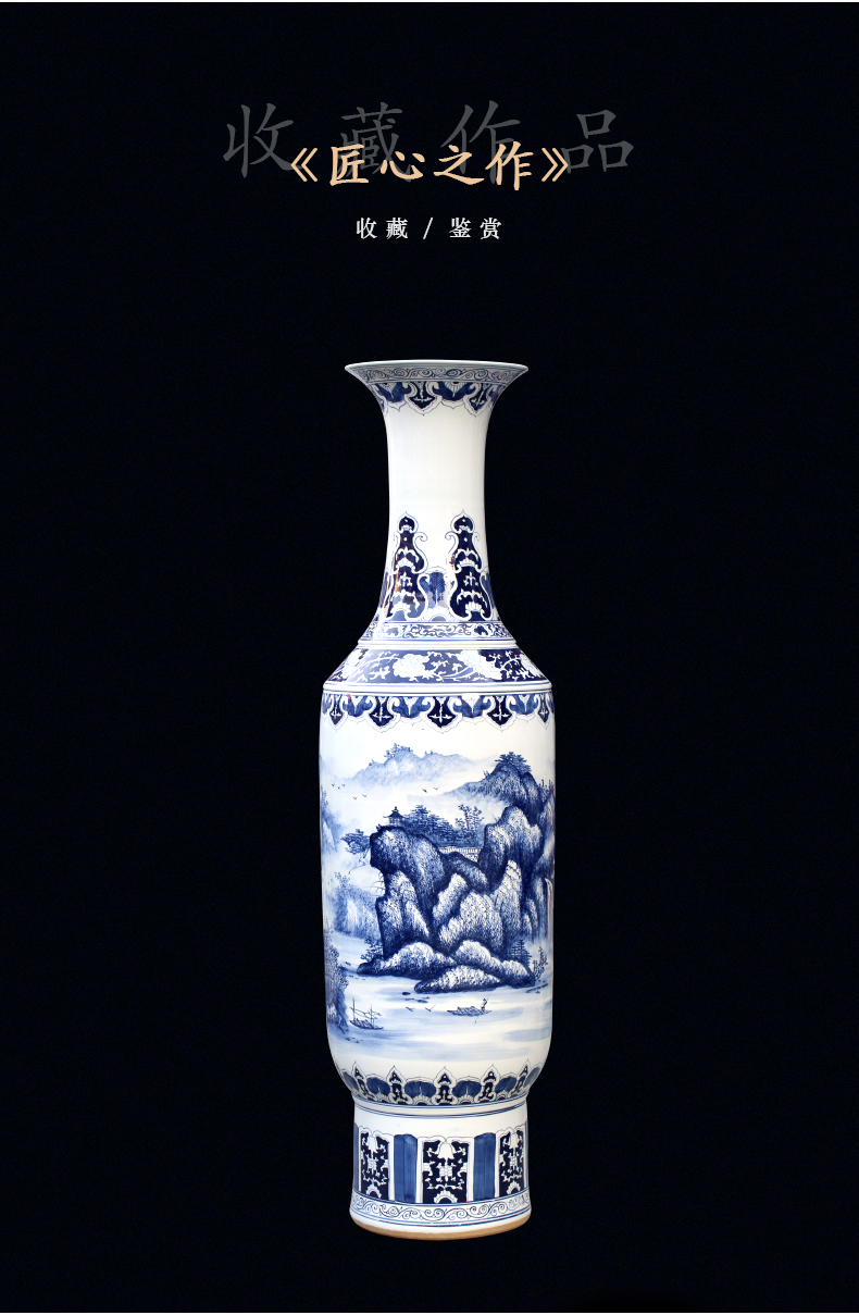 Blue and white porcelain of jingdezhen ceramics landscape painting big vase decoration to the hotel open living room floor office furnishing articles