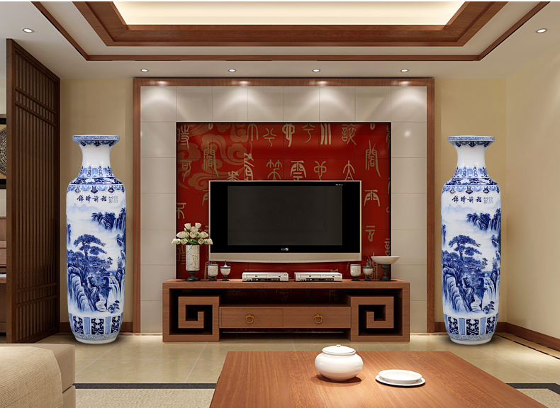 Blue and white porcelain of jingdezhen ceramics hand - made landscape painting of large vases, sitting room adornment hotel furnishing articles