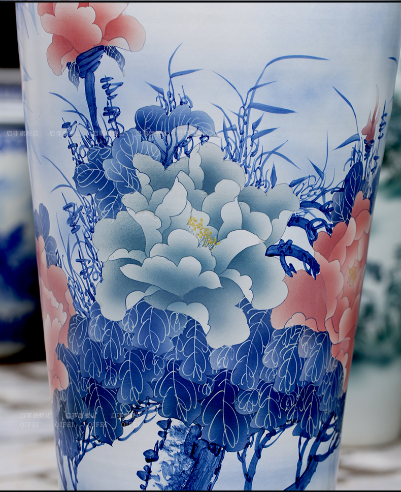 Jingdezhen blue and white ceramics hand - made peony landing big vase home sitting room adornment hotel furnishing articles