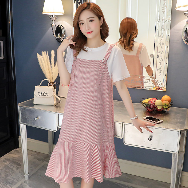 Pregnant Woman Summer Dress Summer Dress 2021 Fashion style Fake Two Blouse Summer Loose Medium Long Version Pregnant Woman Foreign Dress