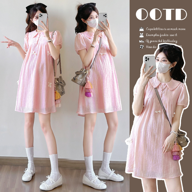 Maternity Wear Summer New Arrivals 2026 Loose Fit Slimming Fashionable Playful Age-Reducing Doll Collar Bow Tie Petite Plus Size