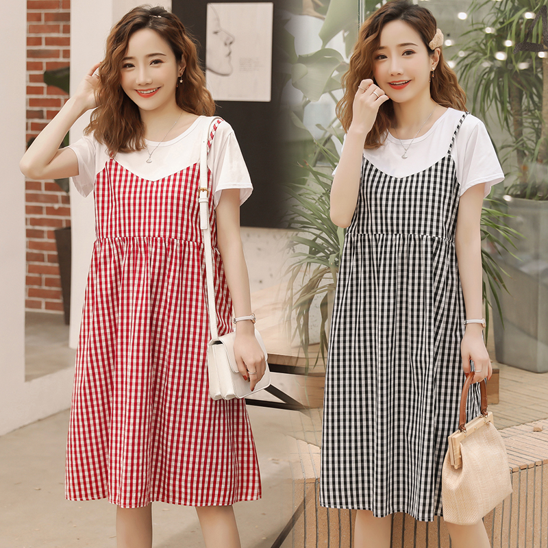 Pregnant Woman Summer Dress 2020 New Casual Plaid Skirt Loose two pregnant women's blouses Long version of pregnant women's foreign dress